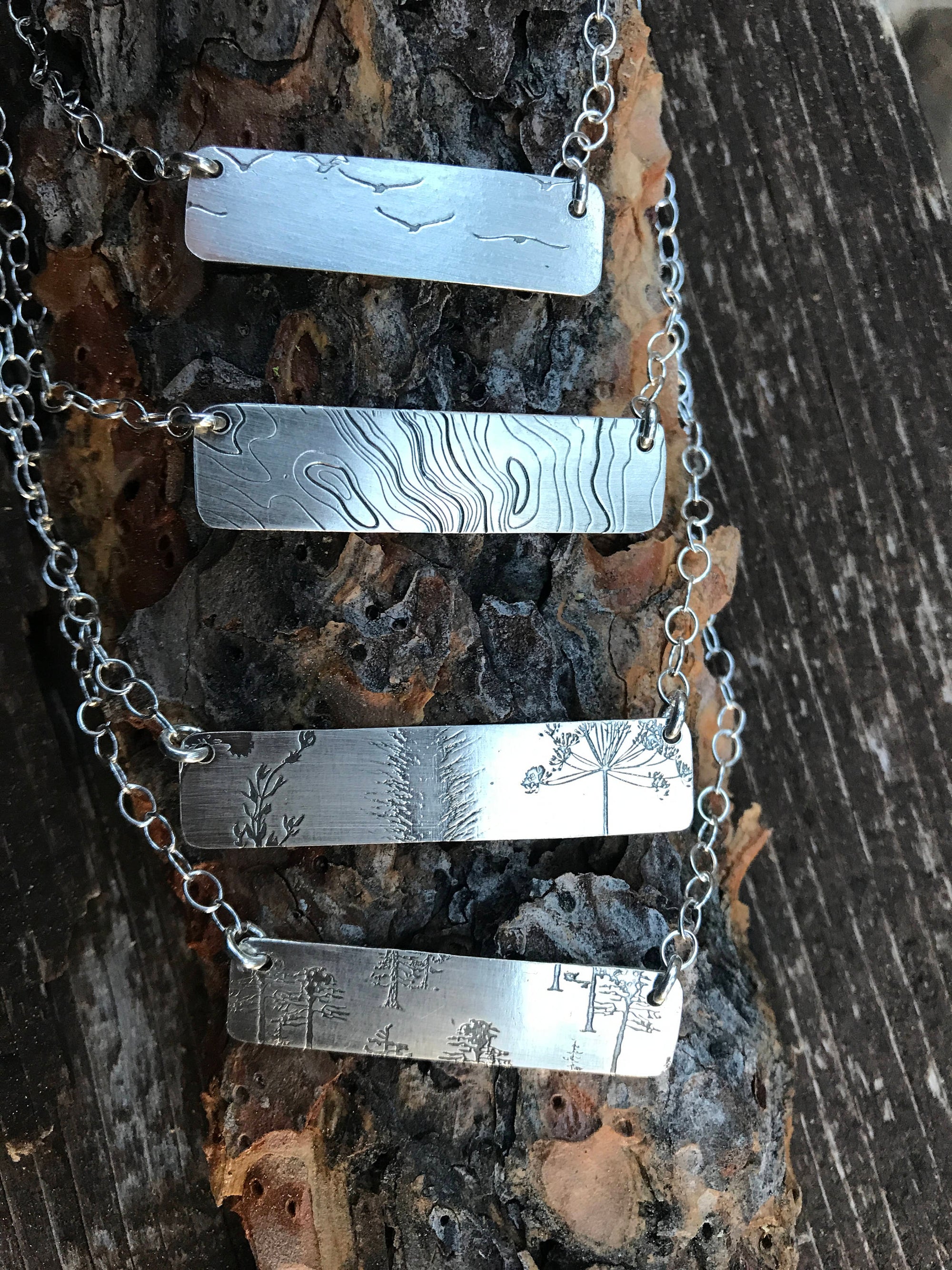 forest bar necklace, floral bar necklace, bird bar necklace, topo map bar necklace