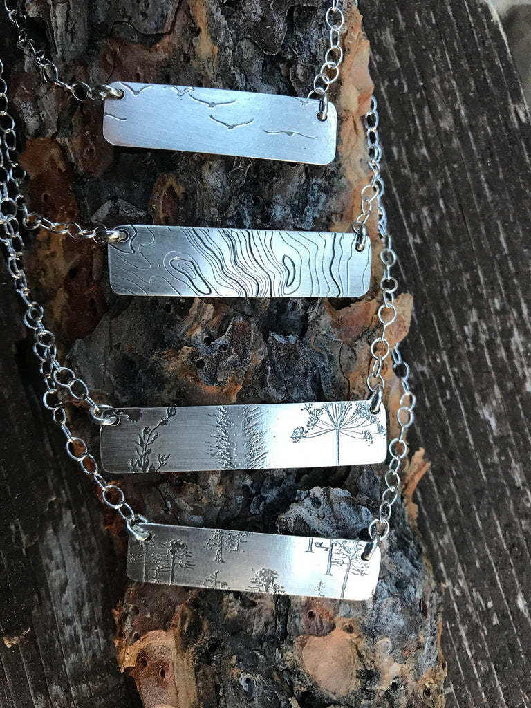 forest bar necklace, floral bar necklace, bird bar necklace, topo map bar necklace